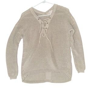 Flying Tomato Beige Lace-Up V-Neck Sweater